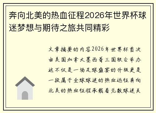 奔向北美的热血征程2026年世界杯球迷梦想与期待之旅共同精彩