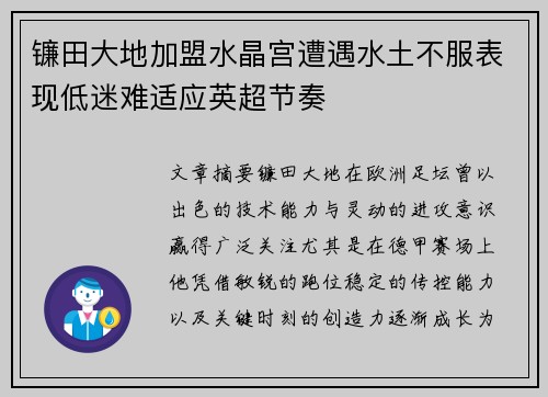 镰田大地加盟水晶宫遭遇水土不服表现低迷难适应英超节奏