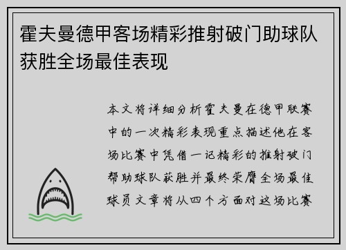 霍夫曼德甲客场精彩推射破门助球队获胜全场最佳表现